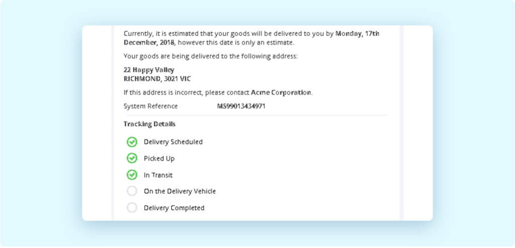 screenshot of delivery estimate email