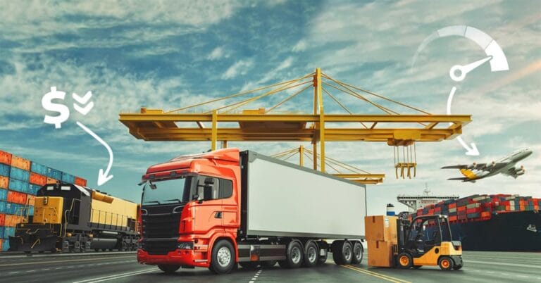 A bustling freight shipping scene showcases a red truck, a train, a cargo plane, shipping containers, and a forklift. Arrows indicate movement and suggest economic activity, with a dollar sign and speedometer symbolizing cost efficiency and speed.