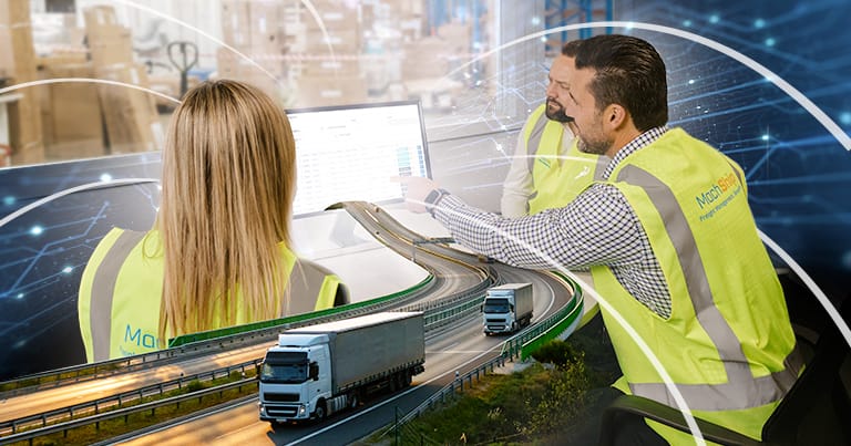 Three persons wearing Machship vests examining a Logistics management software. Overlaid is an image of two trucks on a highway, symbolic of sustainable shipping and transportation.