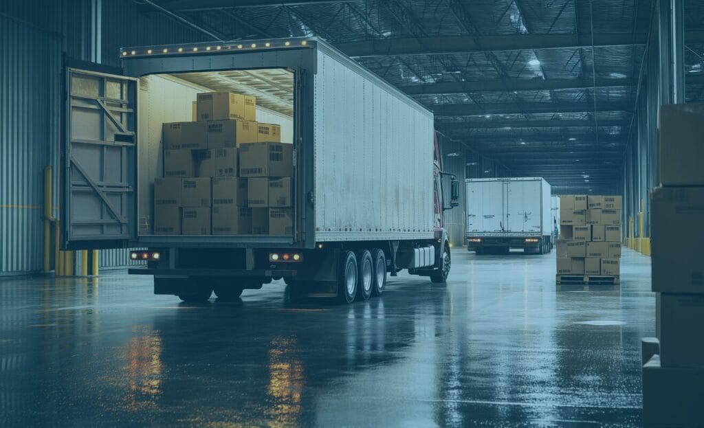 A truck is being loaded with boxes in a multi-carrier environment within a large warehouse.