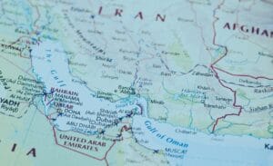 A map showing Iran, surrounding countries, and the Persian Gulf region.