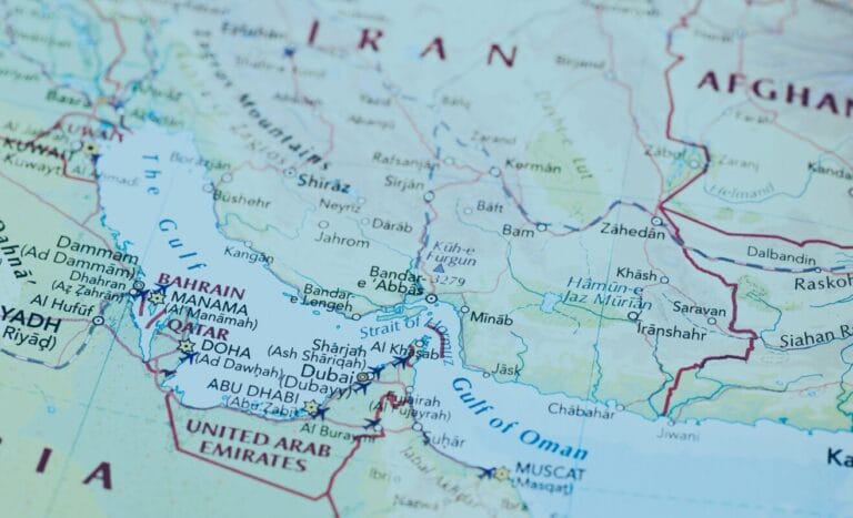 A map showing Iran, surrounding countries, and the Persian Gulf region.