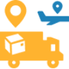 An icon showing a yellow delivery truck with a box on its back, located beneath a large map pin. Above the truck, there's a blue airplane icon with a smaller map pin. The image represents different modes of transportation for delivery and shipping, ideal for showcasing Delivery Management Software.