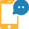 Icon of a smartphone depicted in orange with a blue text message bubble containing two white dots, suggesting an ongoing or incoming conversation or communication. The phone's screen is black, indicating it’s inactive or off—ideal for showcasing delivery management software notifications.